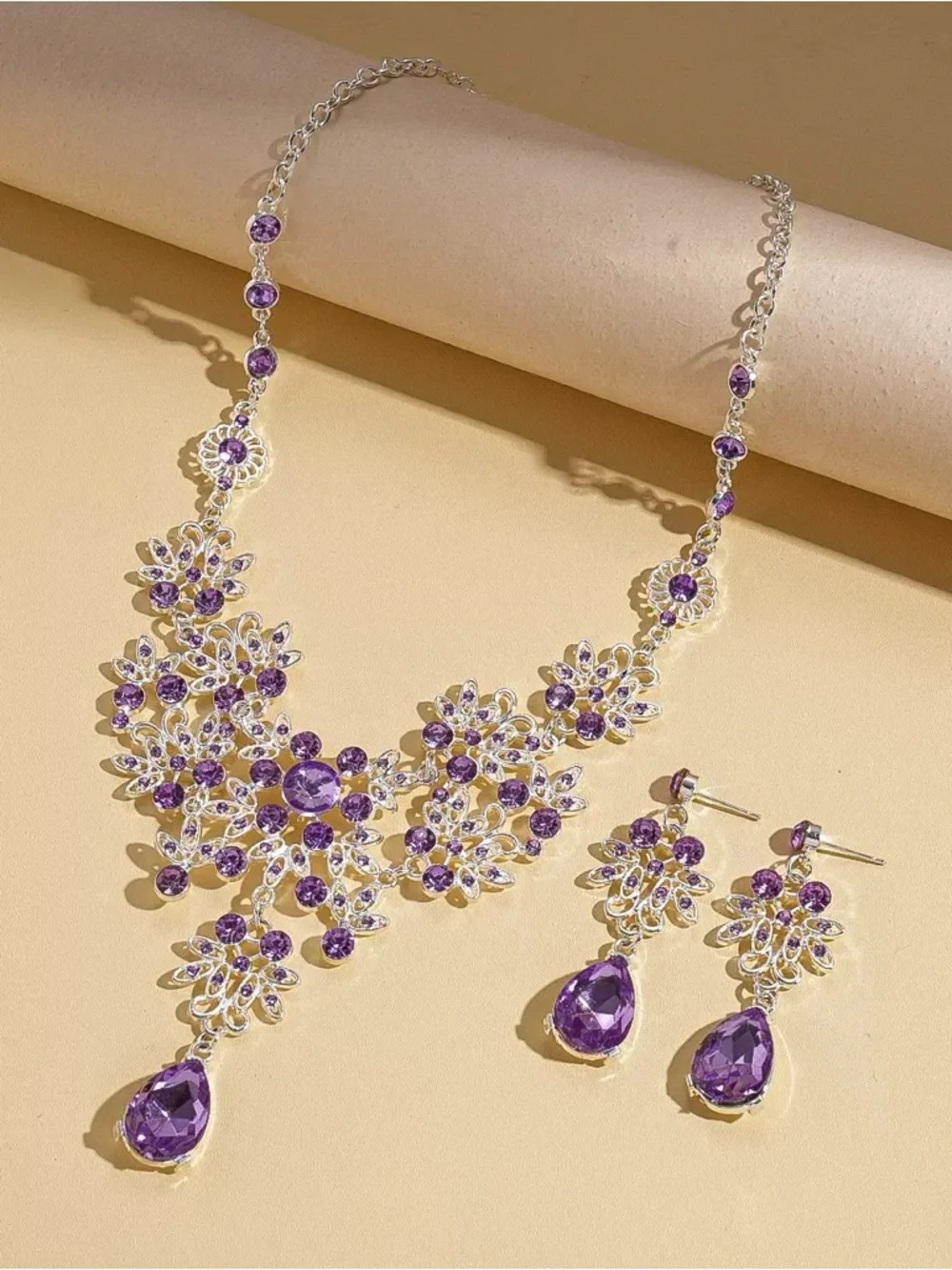 Anthropologie Purple Crystal Floral Necklace & Drop Earrings